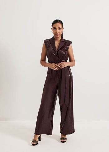 Phase Eight Petite Ivey Burgundy Sequin Jumpsuit Burgundy Australia | FO6129043